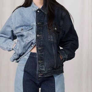 New E.L.V DENIM Upcycled Jean Jacket Size XL VERY OVERSIZED Fit Asymmetrical